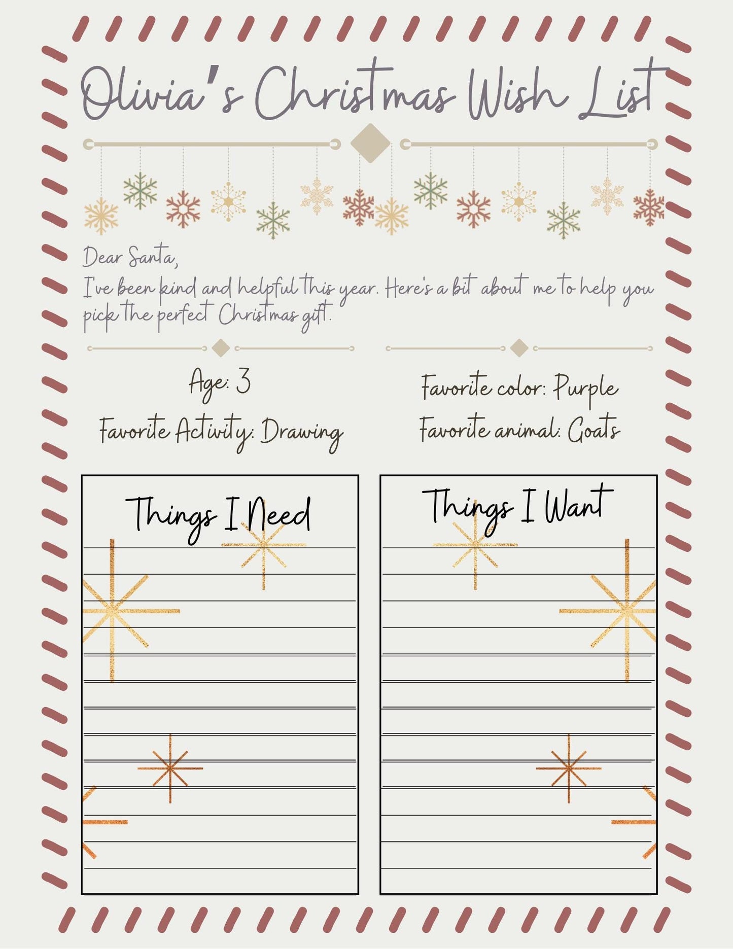 Personalized Christmas Wish List, Printable Holiday Template (Digital Download)