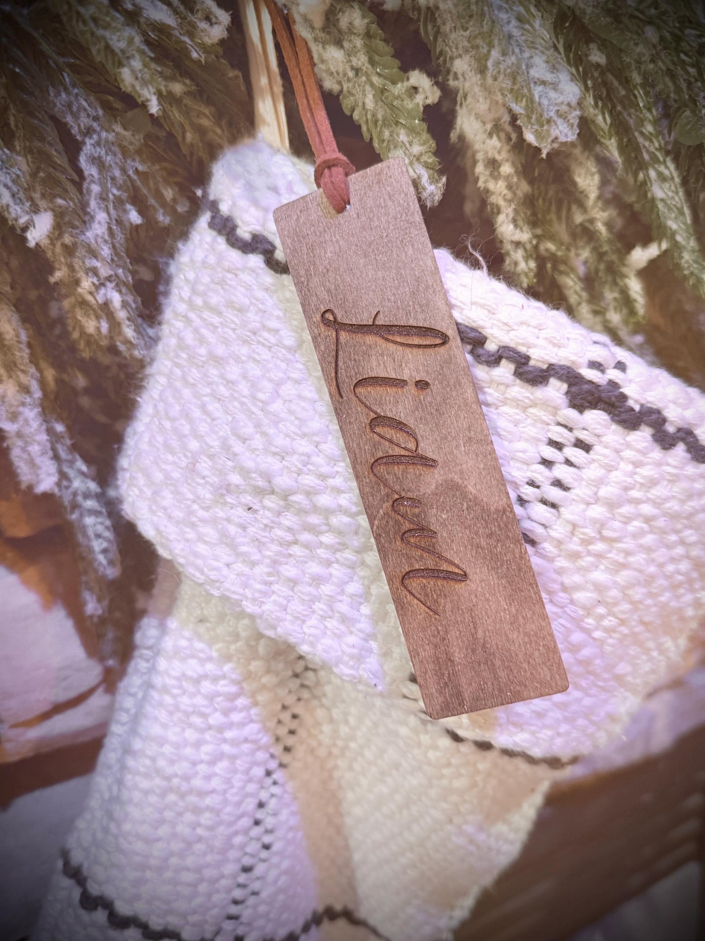 Wood Christmas Stocking Name Tag, Year Round Personalized bookmark, Custom engraved wood label
