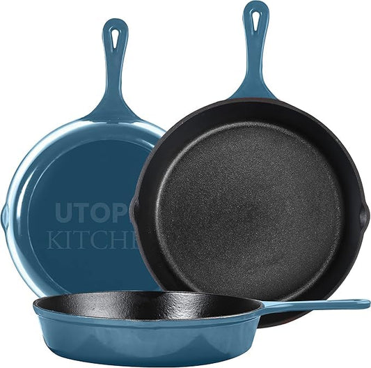 Utopia Kitchen Cast iron Skillets 3 Piece Set, Chefs Pan, Pre Seasoned Cast iron Skillets, 6, 8 & 10 Inches, Easy Use in the Oven, Stove, Grill, or Campfire, Black