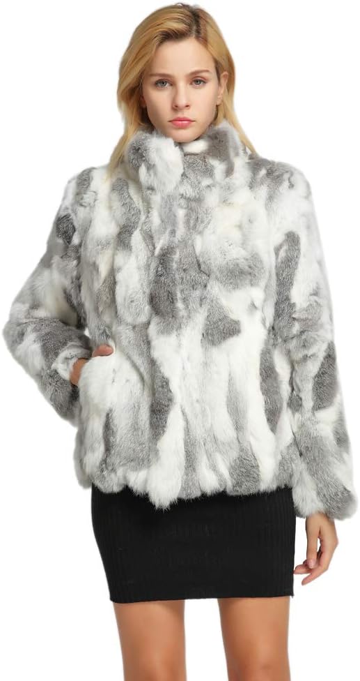 Fur Story Women's Genuine Rabbit Fur Coat Fuzzy Warm Fur Jacket Winter Outware