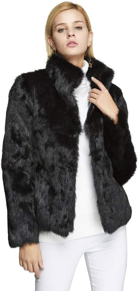 Fur Story Women's Genuine Rabbit Fur Coat Fuzzy Warm Fur Jacket Winter Outware
