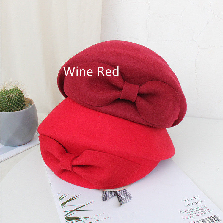 Vintage Autumn And Winter Ladies Bow Woolen Beret