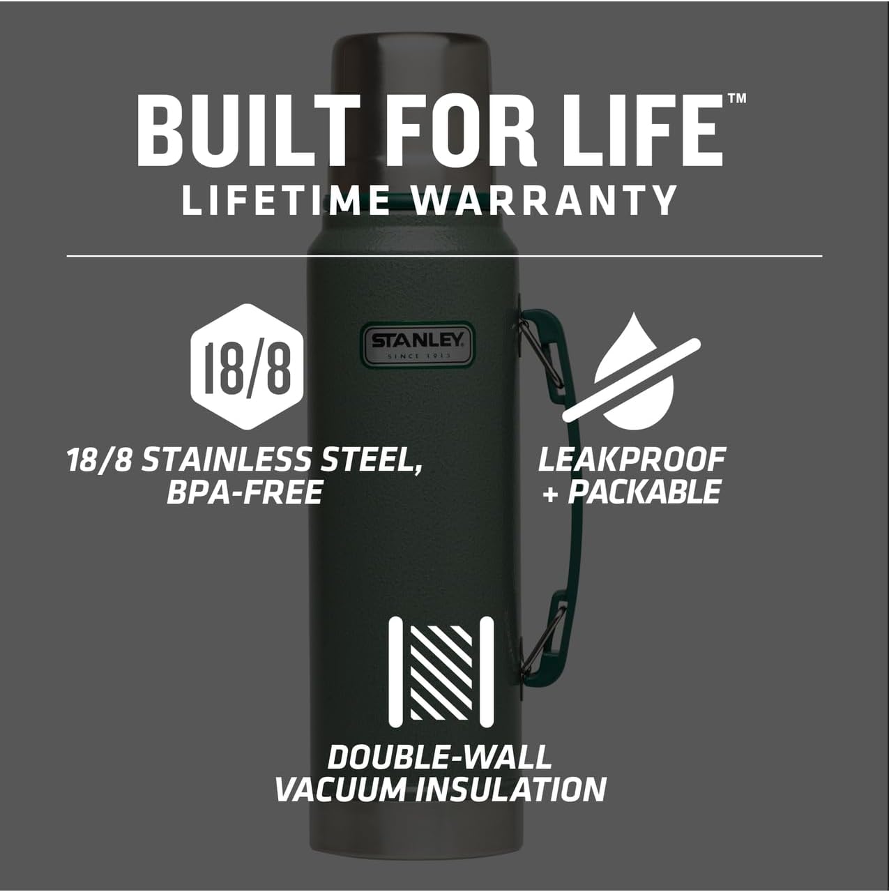 Stanley Heritage Classic Vacuum Bottle with Handle 1.1 qt | Wide Mouth w/Leakproof Cup Lid | Keep Drinks Hot or Cold | Insulated Stainless Steel Thermal Bottle | BPA-Free | Hammertone Green