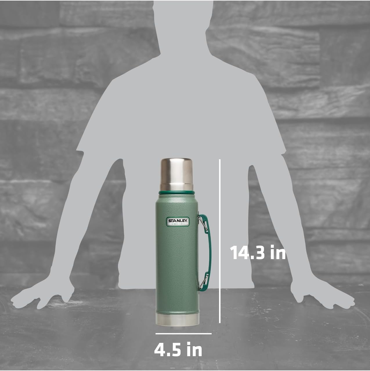 Stanley Heritage Classic Vacuum Bottle with Handle 1.1 qt | Wide Mouth w/Leakproof Cup Lid | Keep Drinks Hot or Cold | Insulated Stainless Steel Thermal Bottle | BPA-Free | Hammertone Green