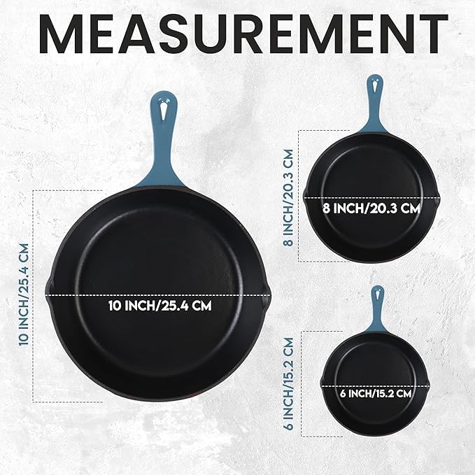 Utopia Kitchen Cast iron Skillets 3 Piece Set, Chefs Pan, Pre Seasoned Cast iron Skillets, 6, 8 & 10 Inches, Easy Use in the Oven, Stove, Grill, or Campfire, Black