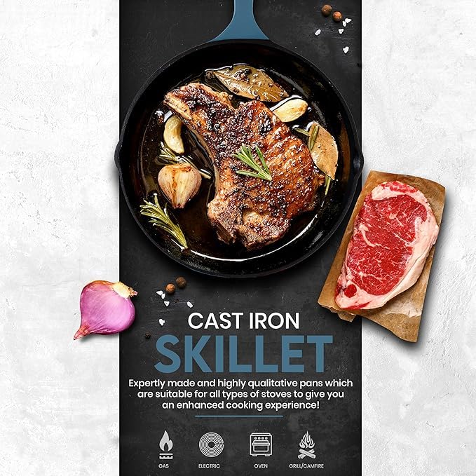 Utopia Kitchen Cast iron Skillets 3 Piece Set, Chefs Pan, Pre Seasoned Cast iron Skillets, 6, 8 & 10 Inches, Easy Use in the Oven, Stove, Grill, or Campfire, Black