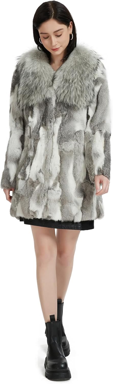 Fur Story Women's Genuine Rabbit Fur Coat Fuzzy Warm Fur Jacket Winter Outware