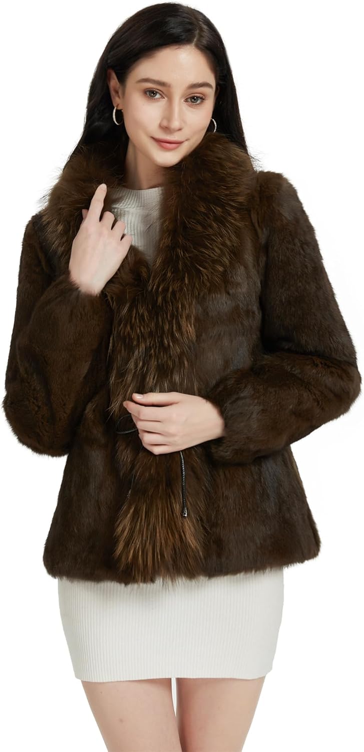 Fur Story Women's Genuine Rabbit Fur Coat Fuzzy Warm Fur Jacket Winter Outware