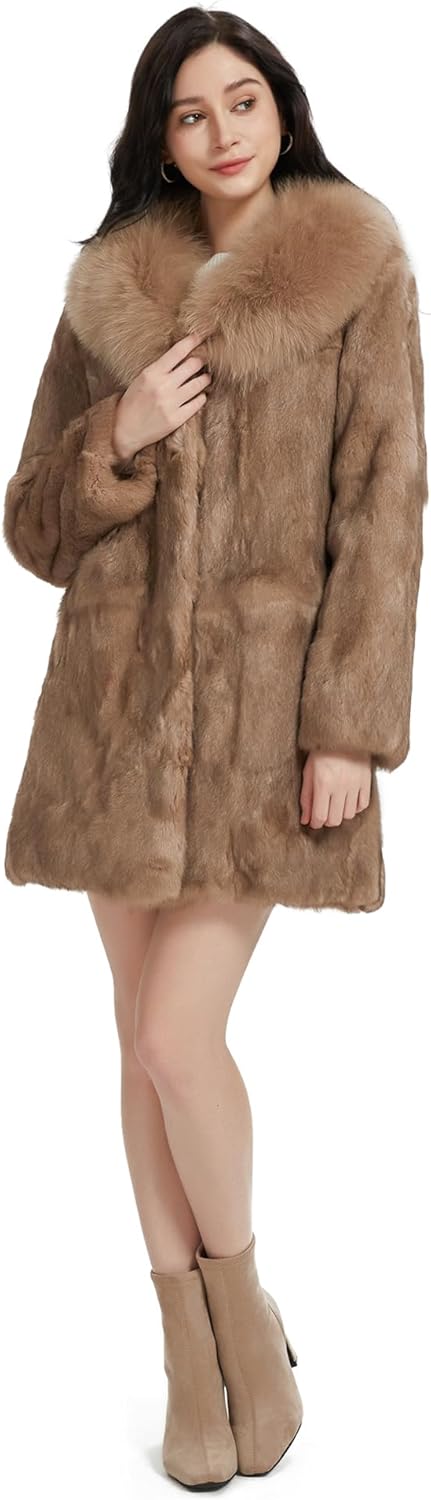 Fur Story Women's Genuine Rabbit Fur Coat Fuzzy Warm Fur Jacket Winter Outware