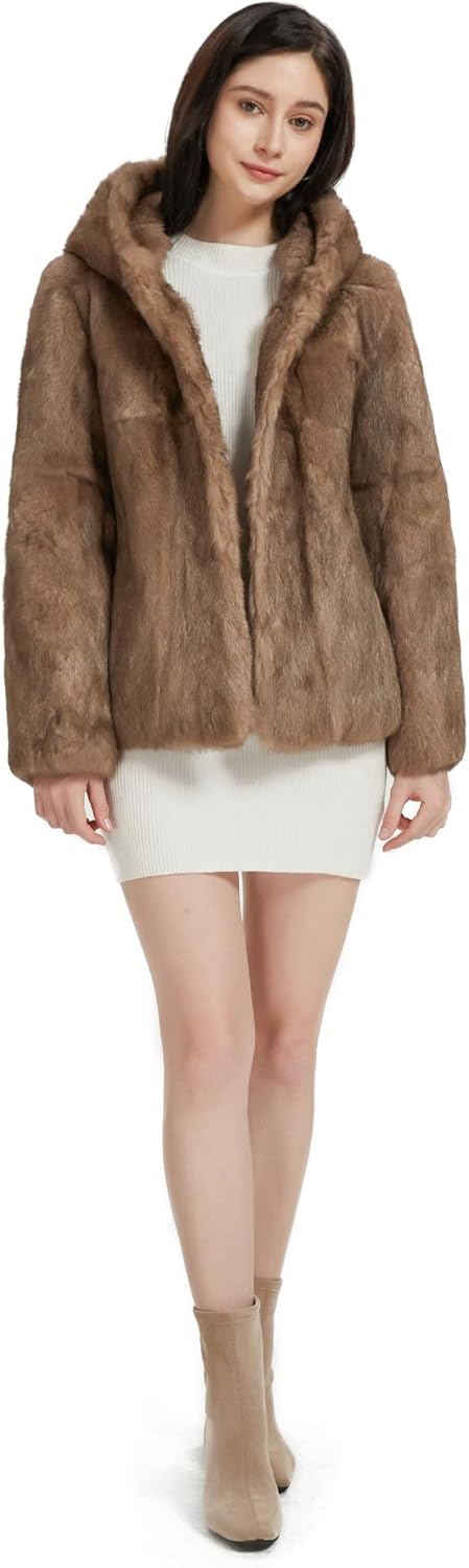 Fur Story Women's Genuine Rabbit Fur Coat Fuzzy Warm Fur Jacket Winter Outware