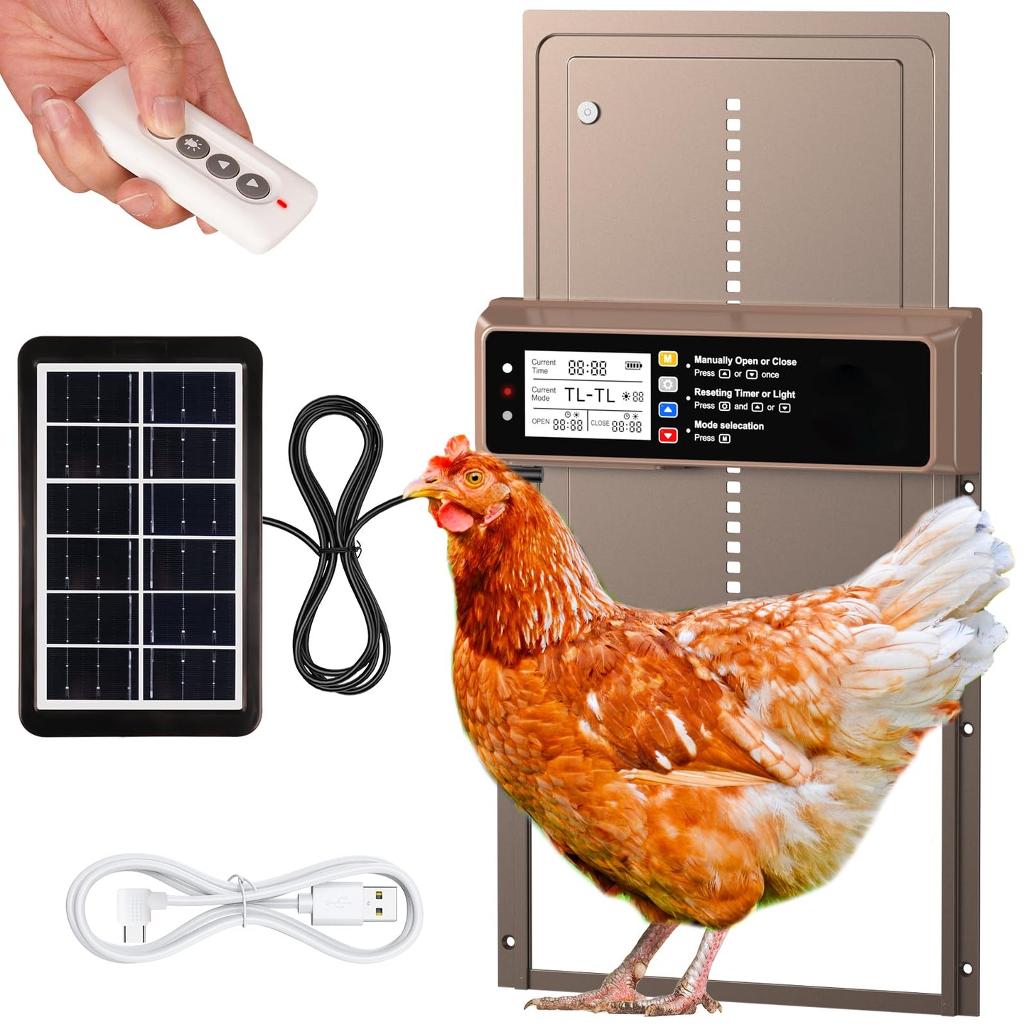 Automatic Chicken Coop Door Solar Powered, LCD Display Automatic Chicken Door with Timer & Light Sensor, Aluminum Alloy Chicken Door with Remote Control & 4 Modes