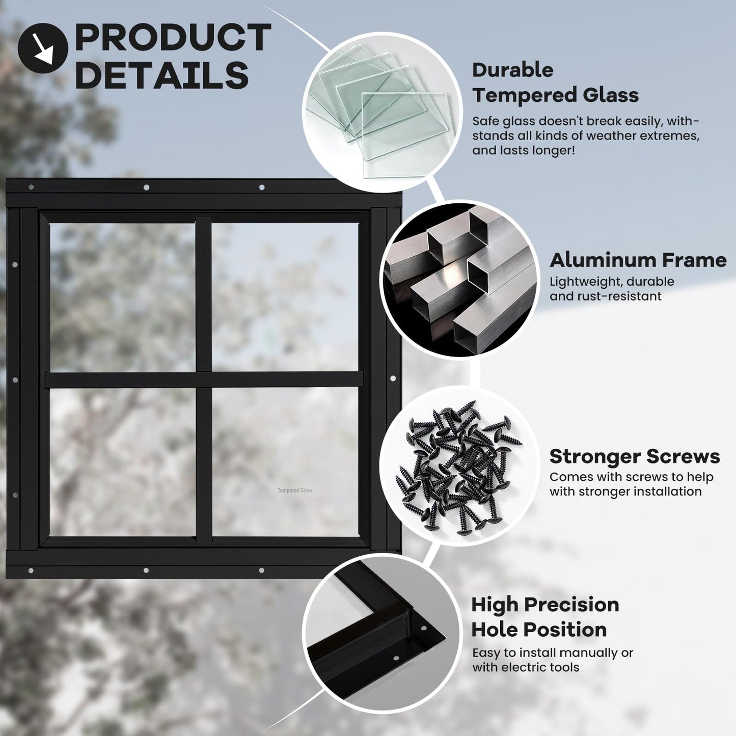 Shed Windows 2 Pack, Chicken Coop Windows 24" x 36" with Tempered Glass and Fiberglass Screen, Flush Mounted Small Window for Shed, Barns, Playhouse, Household, Garage (Black)