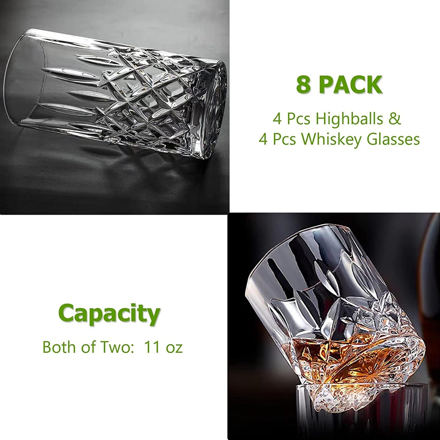 Drinking Glasses, 8 Piece Crystal Glass Cups, Mixed Glassware Set, 4 pcs Crystal Old Fashioned 11oz Highballs and 4 pcs 11oz Whiskey Glasses, Great for Cocktail, Whisky and other Beverages