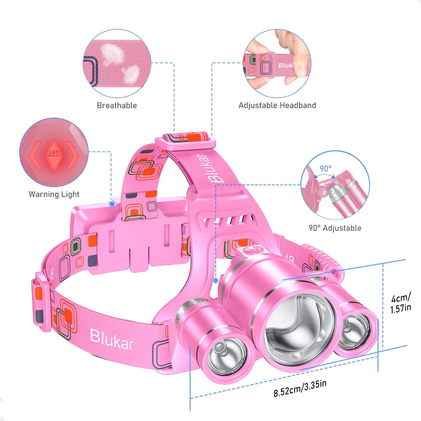 Blukar LED Headlamp, Super Bright Rechargeable Headlight Flashlight - 3 Lights 5 Modes,Zoomable,Spotlight&Floodlight Combination, IPX6 Waterproof, 20+Hrs Runtime for Running,Hiking,Camping etc.