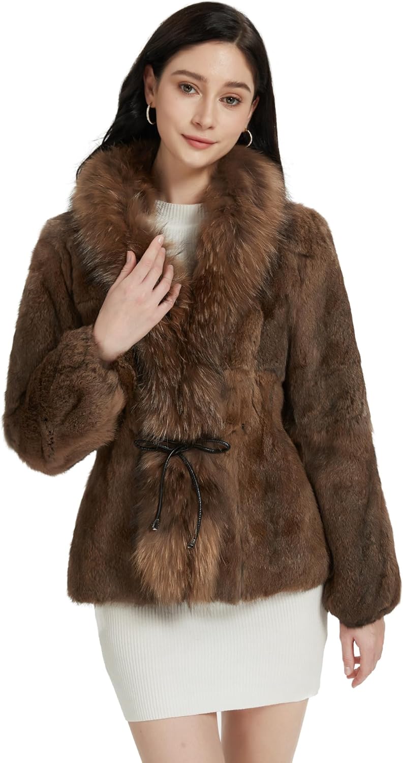 Fur Story Women's Genuine Rabbit Fur Coat Fuzzy Warm Fur Jacket Winter Outware