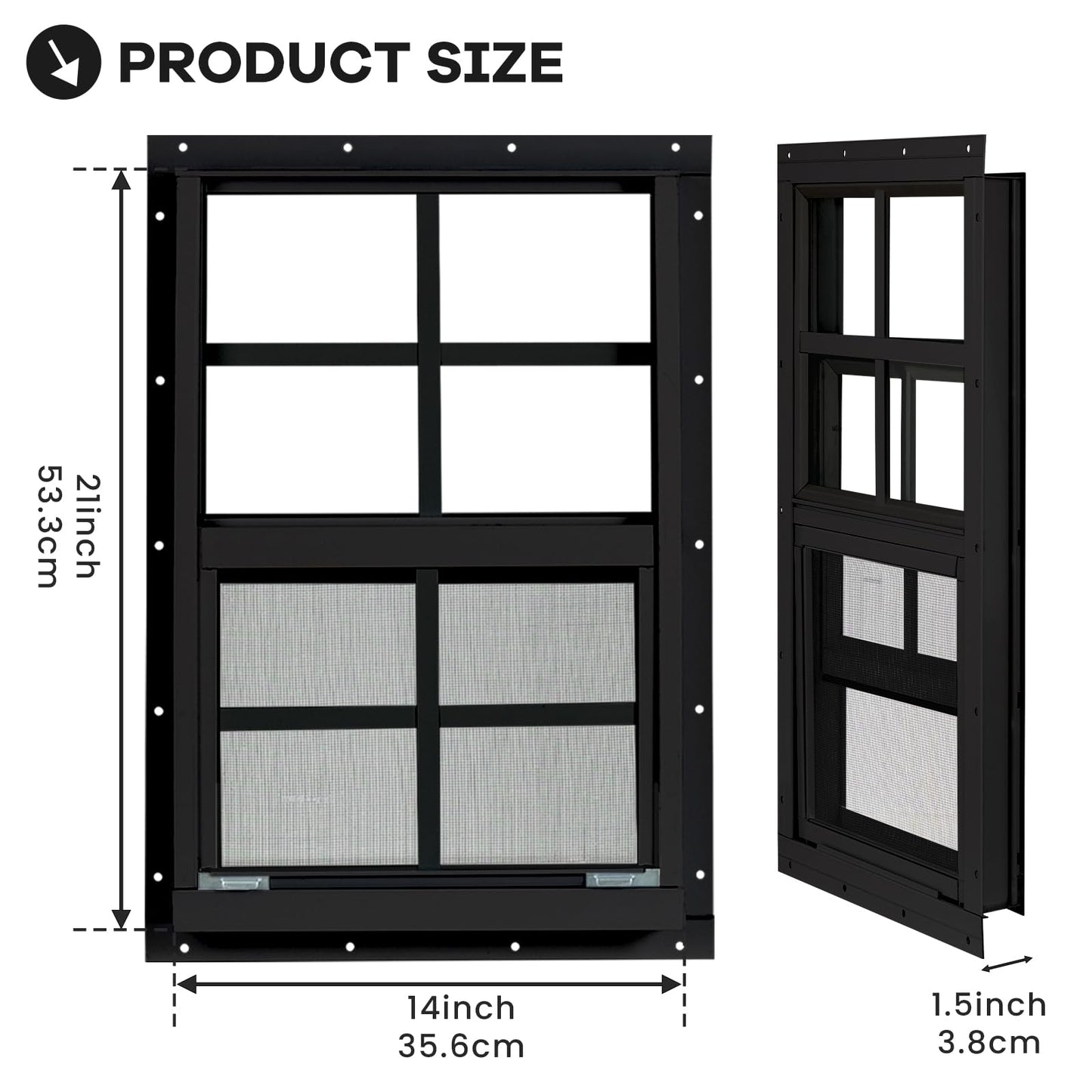 Shed Windows 2 Pack, Chicken Coop Windows 24" x 36" with Tempered Glass and Fiberglass Screen, Flush Mounted Small Window for Shed, Barns, Playhouse, Household, Garage (Black)