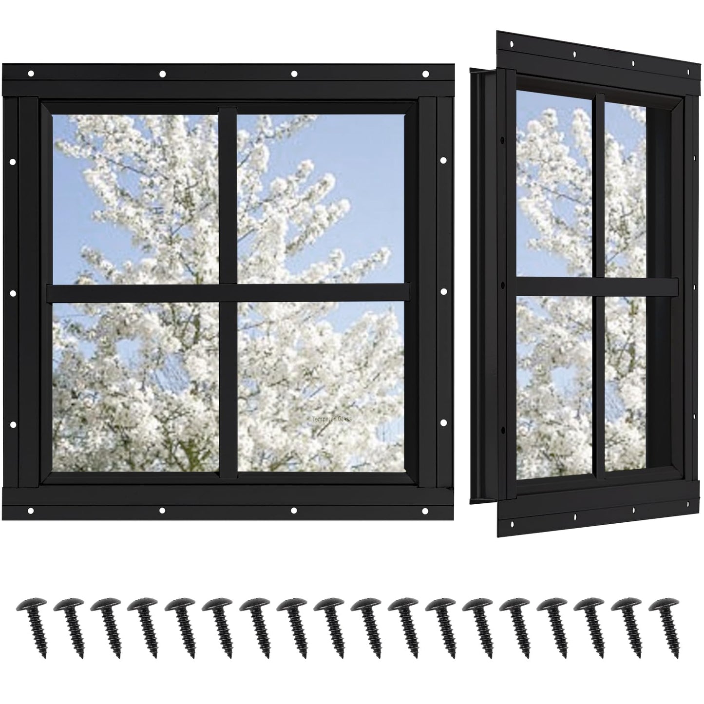 Shed Windows 2 Pack, Chicken Coop Windows 24" x 36" with Tempered Glass and Fiberglass Screen, Flush Mounted Small Window for Shed, Barns, Playhouse, Household, Garage (Black)
