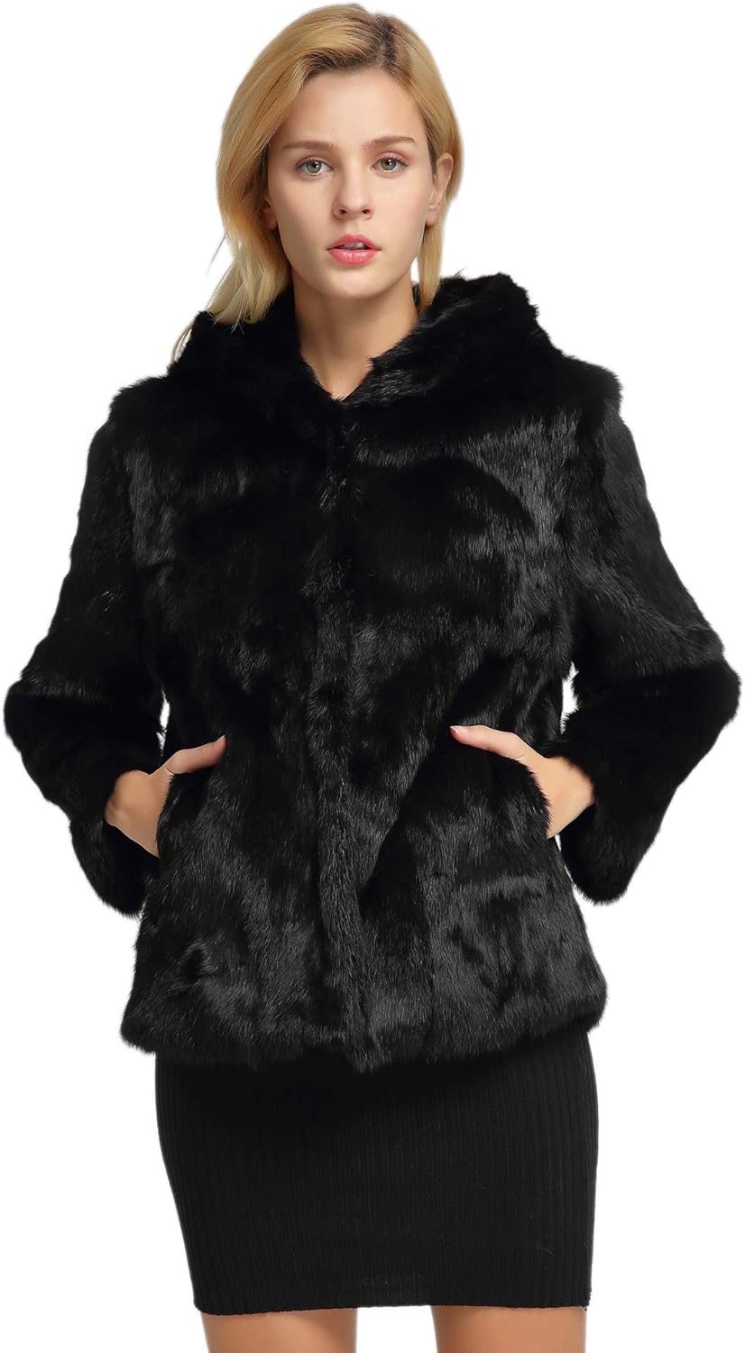Fur Story Women's Genuine Rabbit Fur Coat Fuzzy Warm Fur Jacket Winter Outware
