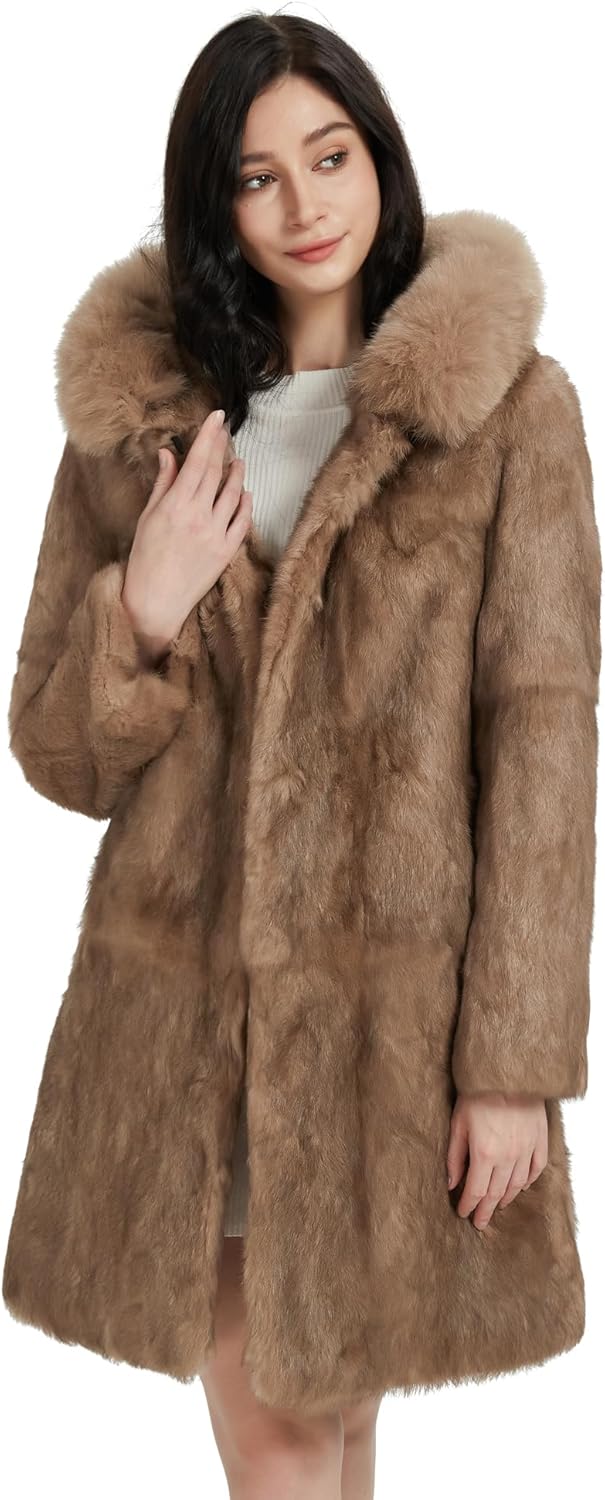 Fur Story Women's Genuine Rabbit Fur Coat Fuzzy Warm Fur Jacket Winter Outware