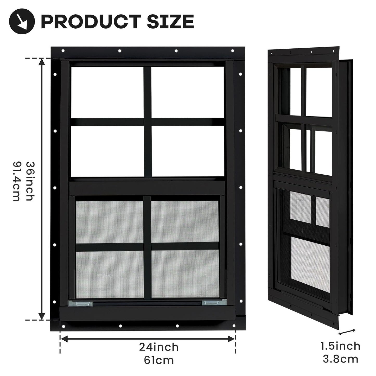 Shed Windows 2 Pack, Chicken Coop Windows 24" x 36" with Tempered Glass and Fiberglass Screen, Flush Mounted Small Window for Shed, Barns, Playhouse, Household, Garage (Black)