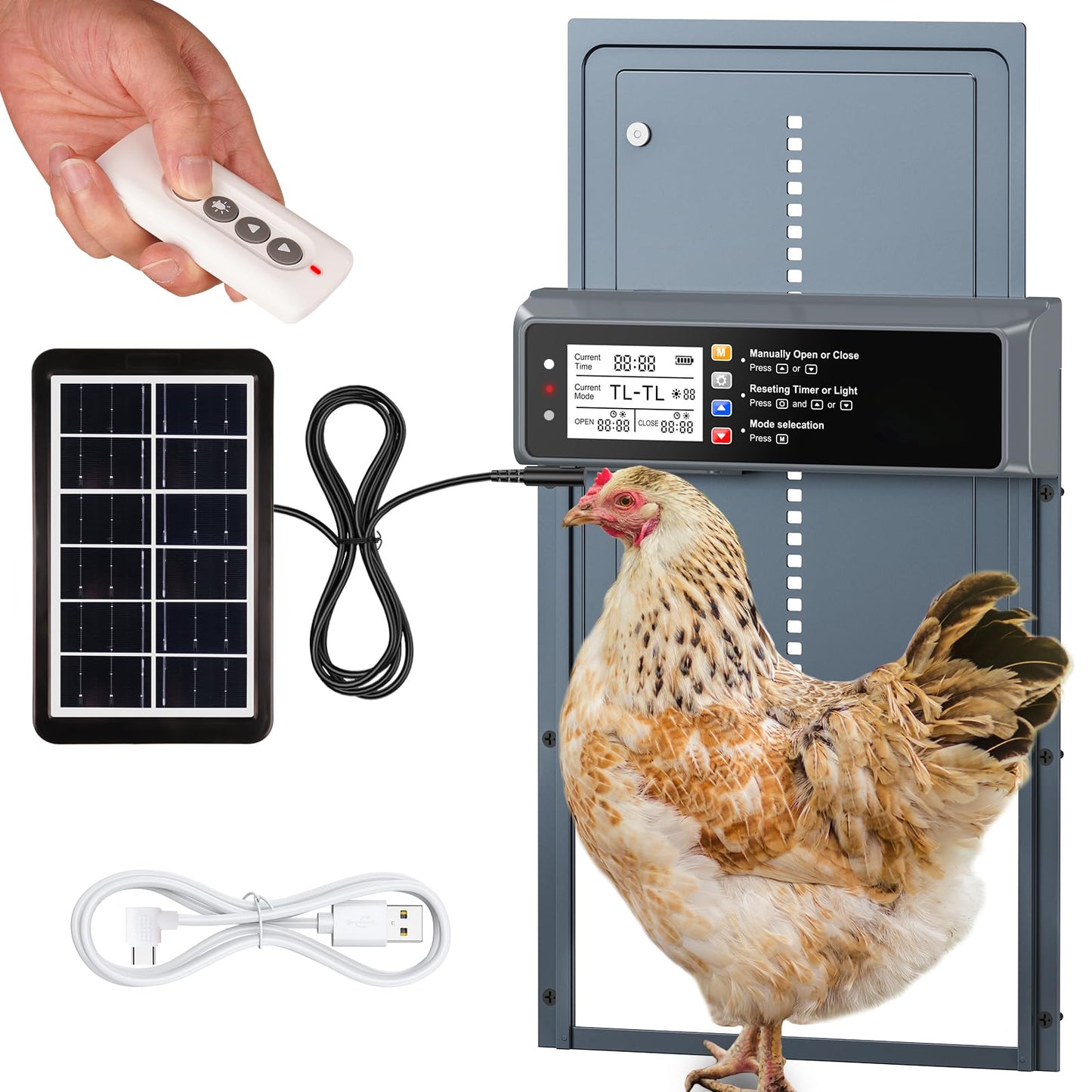 Automatic Chicken Coop Door Solar Powered, LCD Display Automatic Chicken Door with Timer & Light Sensor, Aluminum Alloy Chicken Door with Remote Control & 4 Modes
