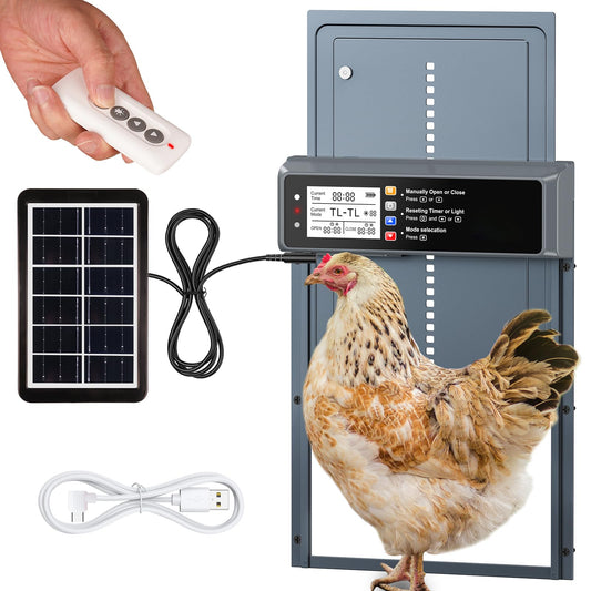 Automatic Chicken Coop Door Solar Powered, LCD Display Automatic Chicken Door with Timer & Light Sensor, Aluminum Alloy Chicken Door with Remote Control & 4 Modes