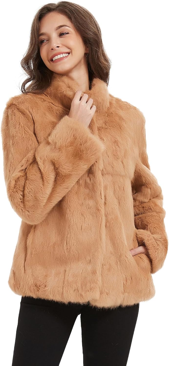 Fur Story Women's Genuine Rabbit Fur Coat Fuzzy Warm Fur Jacket Winter Outware