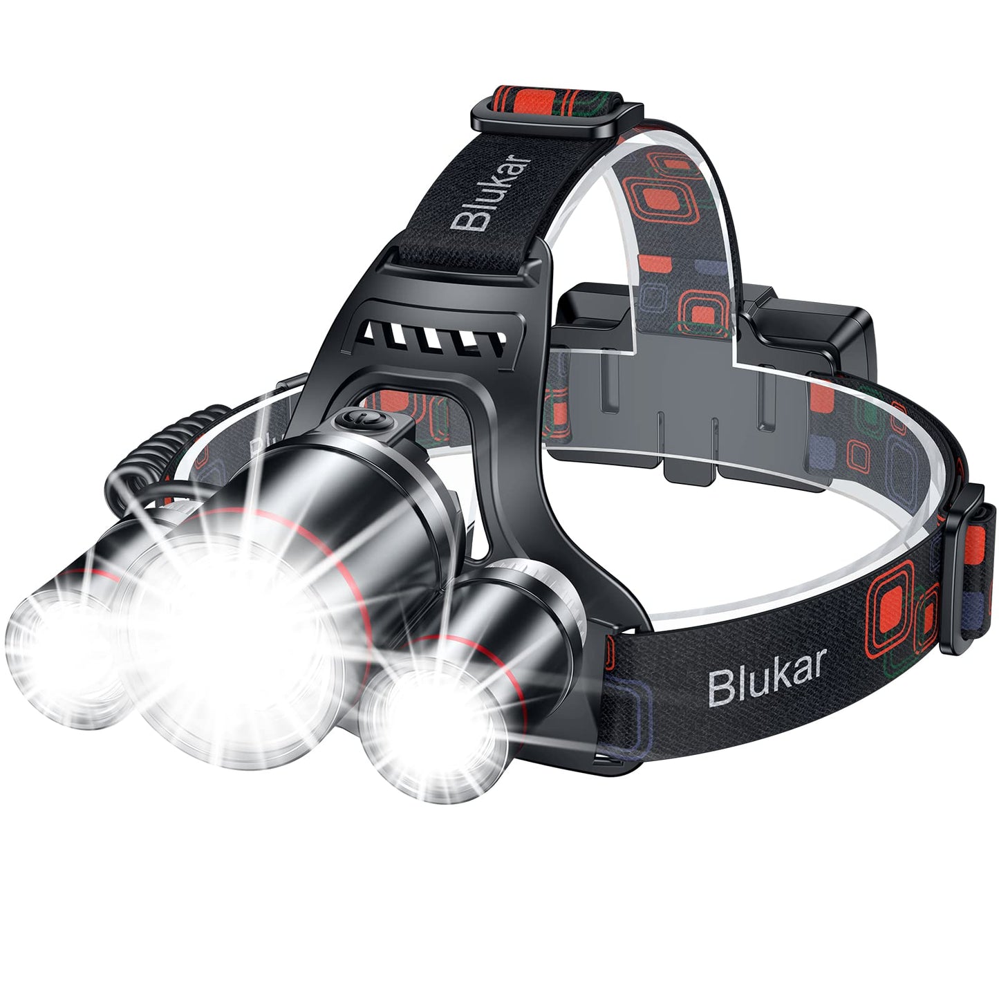 Blukar LED Headlamp, Super Bright Rechargeable Headlight Flashlight - 3 Lights 5 Modes,Zoomable,Spotlight&Floodlight Combination, IPX6 Waterproof, 20+Hrs Runtime for Running,Hiking,Camping etc.