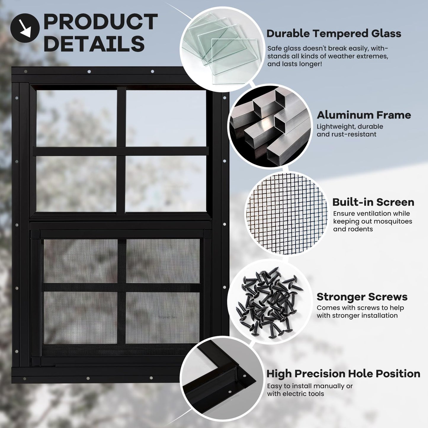 Shed Windows 2 Pack, Chicken Coop Windows 24" x 36" with Tempered Glass and Fiberglass Screen, Flush Mounted Small Window for Shed, Barns, Playhouse, Household, Garage (Black)