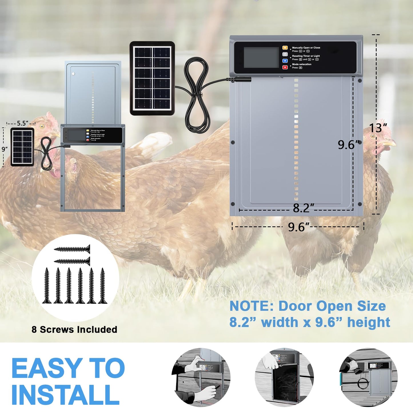 Automatic Chicken Coop Door Solar Powered, LCD Display Automatic Chicken Door with Timer & Light Sensor, Aluminum Alloy Chicken Door with Remote Control & 4 Modes