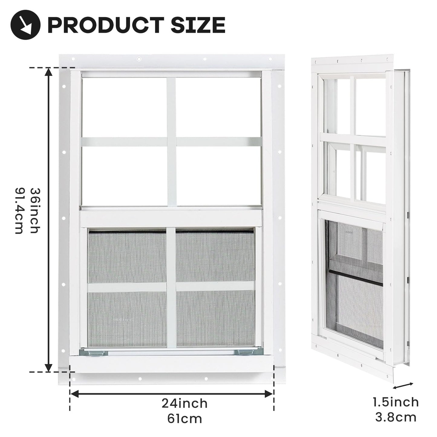 Shed Windows 2 Pack, Chicken Coop Windows 24" x 36" with Tempered Glass and Fiberglass Screen, Flush Mounted Small Window for Shed, Barns, Playhouse, Household, Garage (Black)