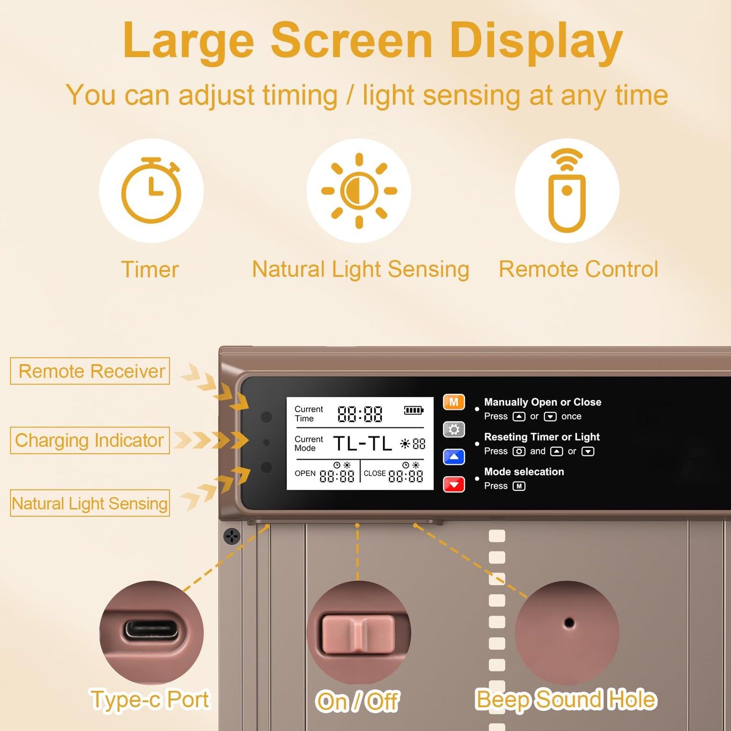 Automatic Chicken Coop Door Solar Powered, LCD Display Automatic Chicken Door with Timer & Light Sensor, Aluminum Alloy Chicken Door with Remote Control & 4 Modes