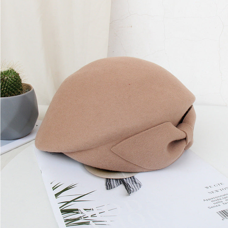Vintage Autumn And Winter Ladies Bow Woolen Beret
