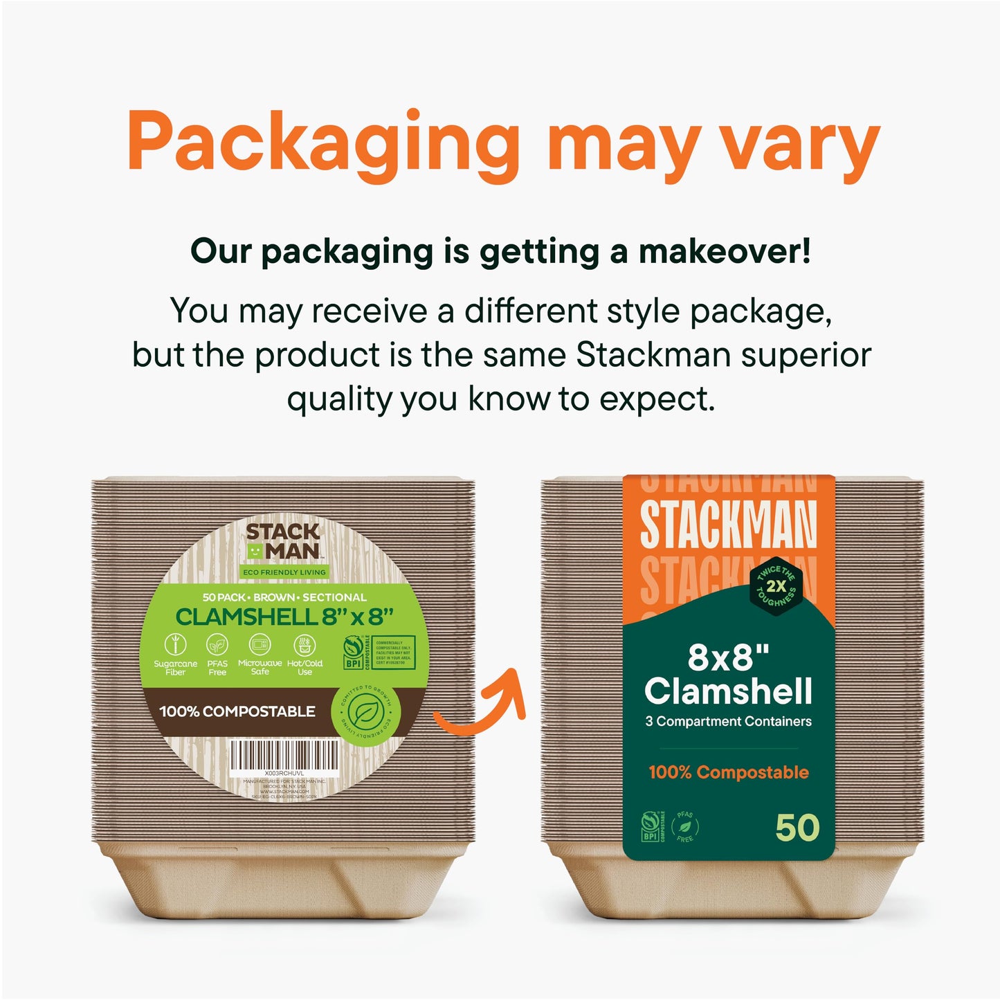 100% Compostable Clamshell Take Out Food Containers [8X8" 3-Compartment 50-Pack] Heavy-Duty Quality to go Containers, Natural Disposable Bagasse, Eco-Friendly Biodegradable Made of Sugar Cane Fibers