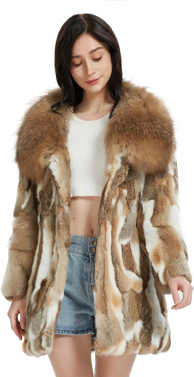 Fur Story Women's Genuine Rabbit Fur Coat Fuzzy Warm Fur Jacket Winter Outware