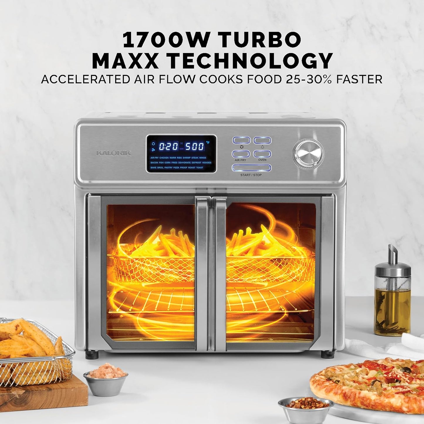Kalorik MAXX Air Fryer Oven, 26 Quart 10-in-1 Countertop Toaster Oven & Air Fryer Combo - Fry, Bake, Roast, Rotisserie, & More, Large Glass French Doors & 9 Accessories, 1700-Watts, Stainless Steel