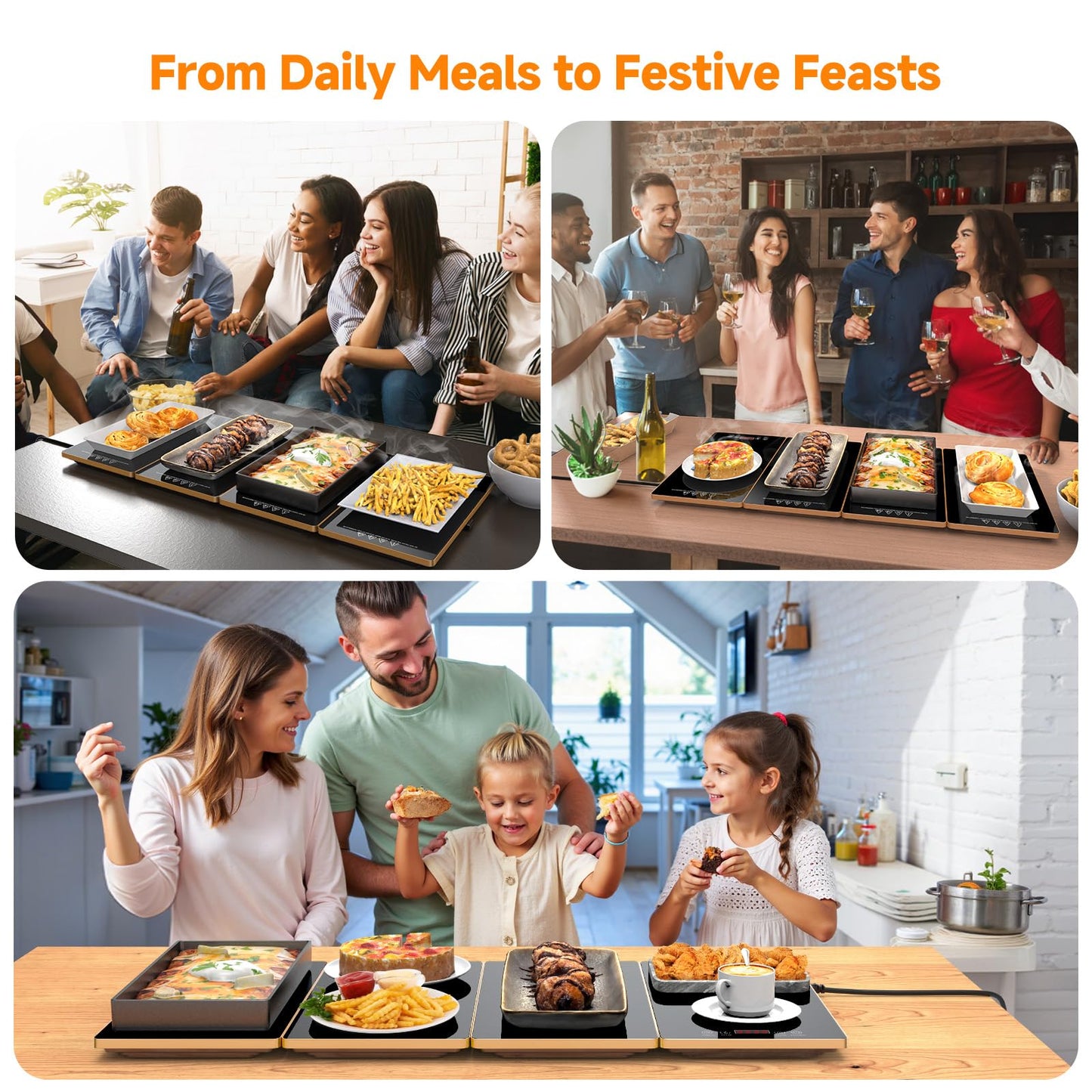 FEPPO Electric Warming Tray, 4-in-1 Food Warmers for Parties Buffet with 10 Temp Settings and Timer, 33"x15" Glass Surface Warming Mat for Food, Modular Buffet Hot Plates for Catering and Gatherings