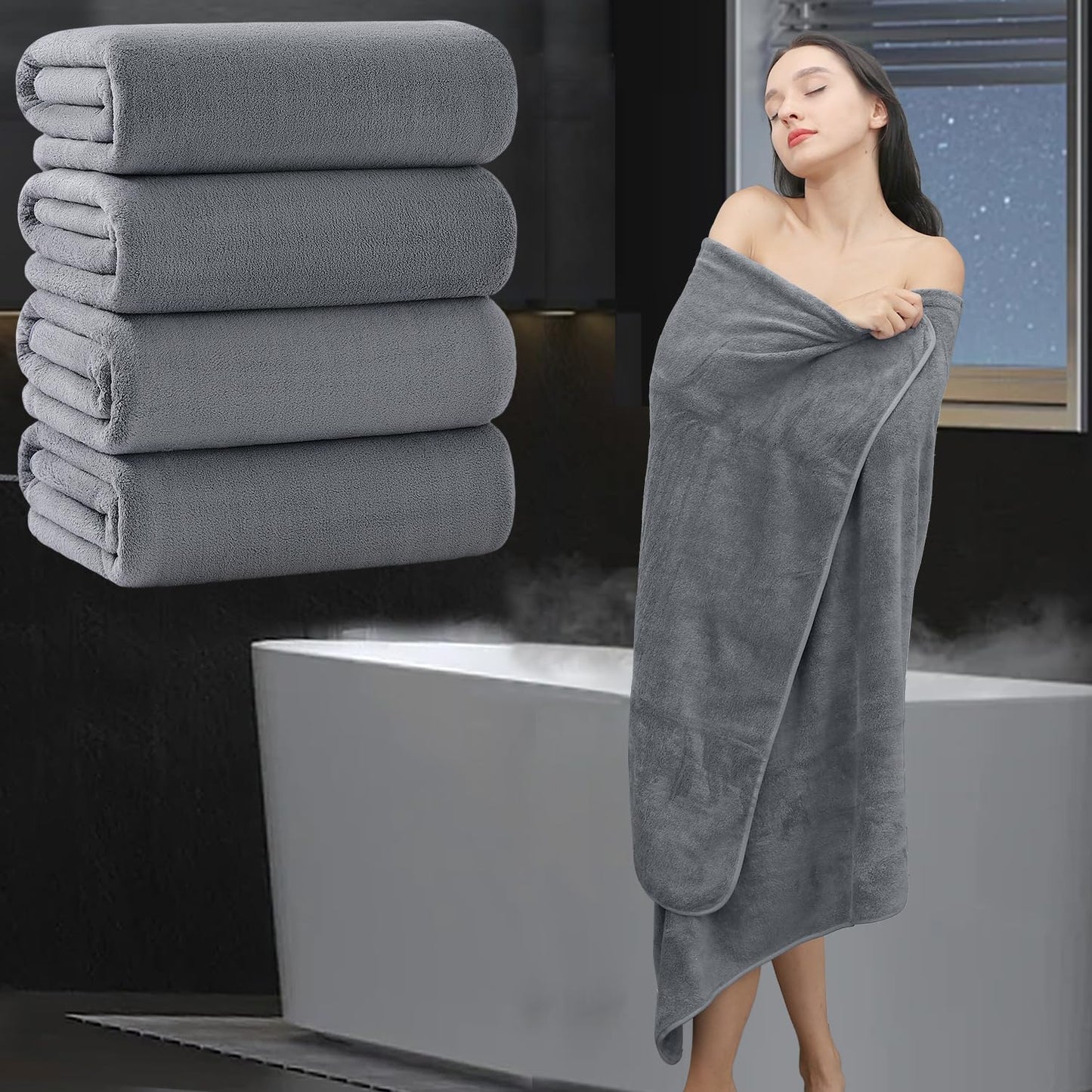 Extra Large Bath Sheet 4 Piece (35"x70")-Ultra Soft Oversized Bath Towel,Bath Sheet Towel Set for Bathroom Hotel,Highly Absorbent Quick Dry Shower Towel Set for Adults,Bath Towel Dark Grey