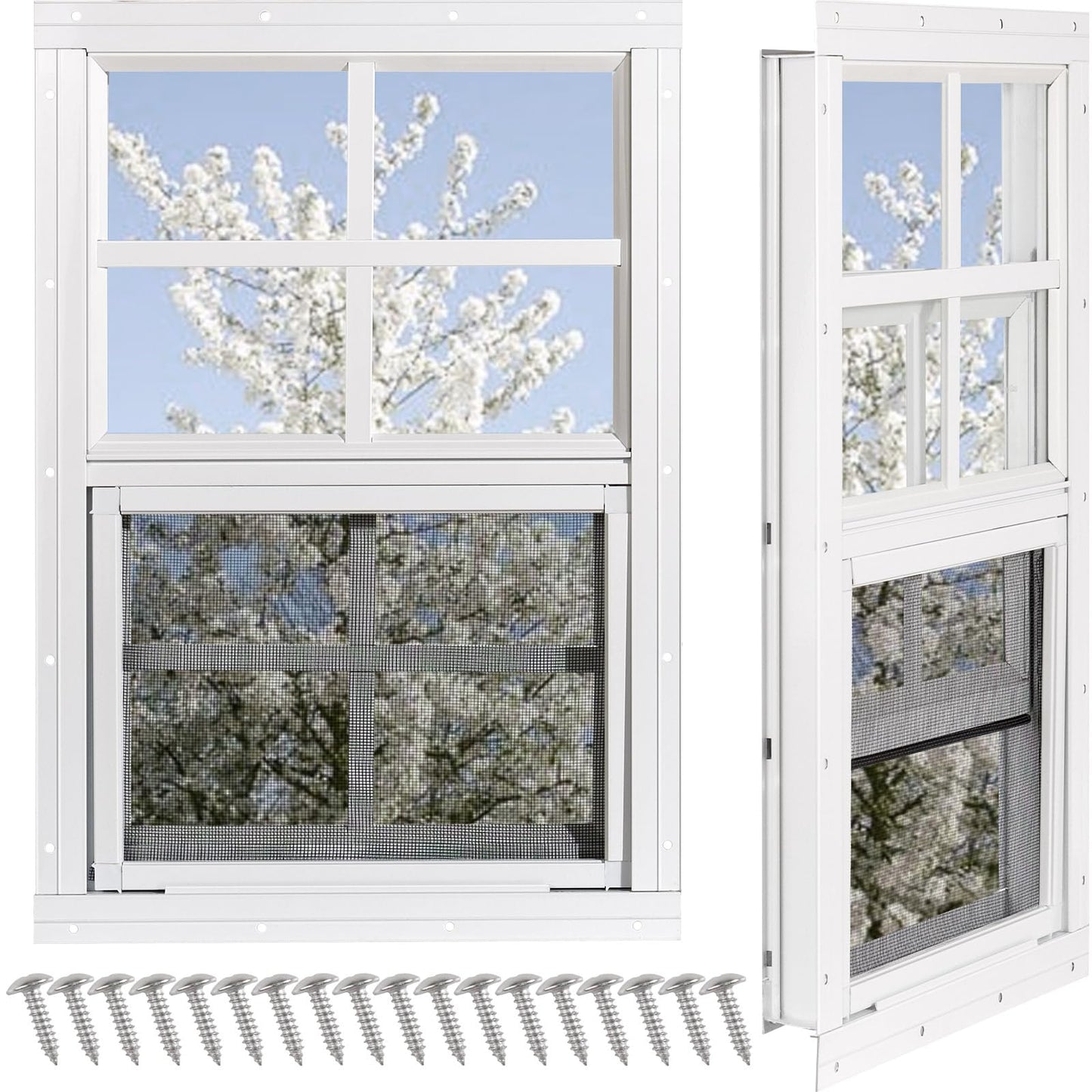 Shed Windows 2 Pack, Chicken Coop Windows 24" x 36" with Tempered Glass and Fiberglass Screen, Flush Mounted Small Window for Shed, Barns, Playhouse, Household, Garage (Black)