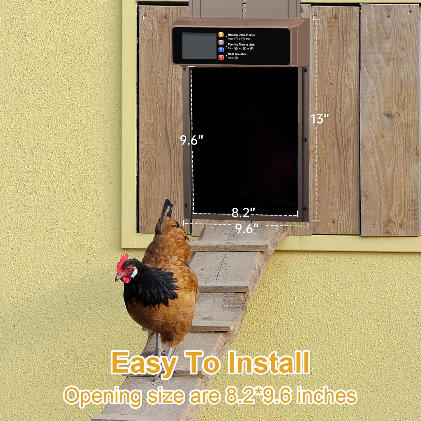 Automatic Chicken Coop Door Solar Powered, LCD Display Automatic Chicken Door with Timer & Light Sensor, Aluminum Alloy Chicken Door with Remote Control & 4 Modes