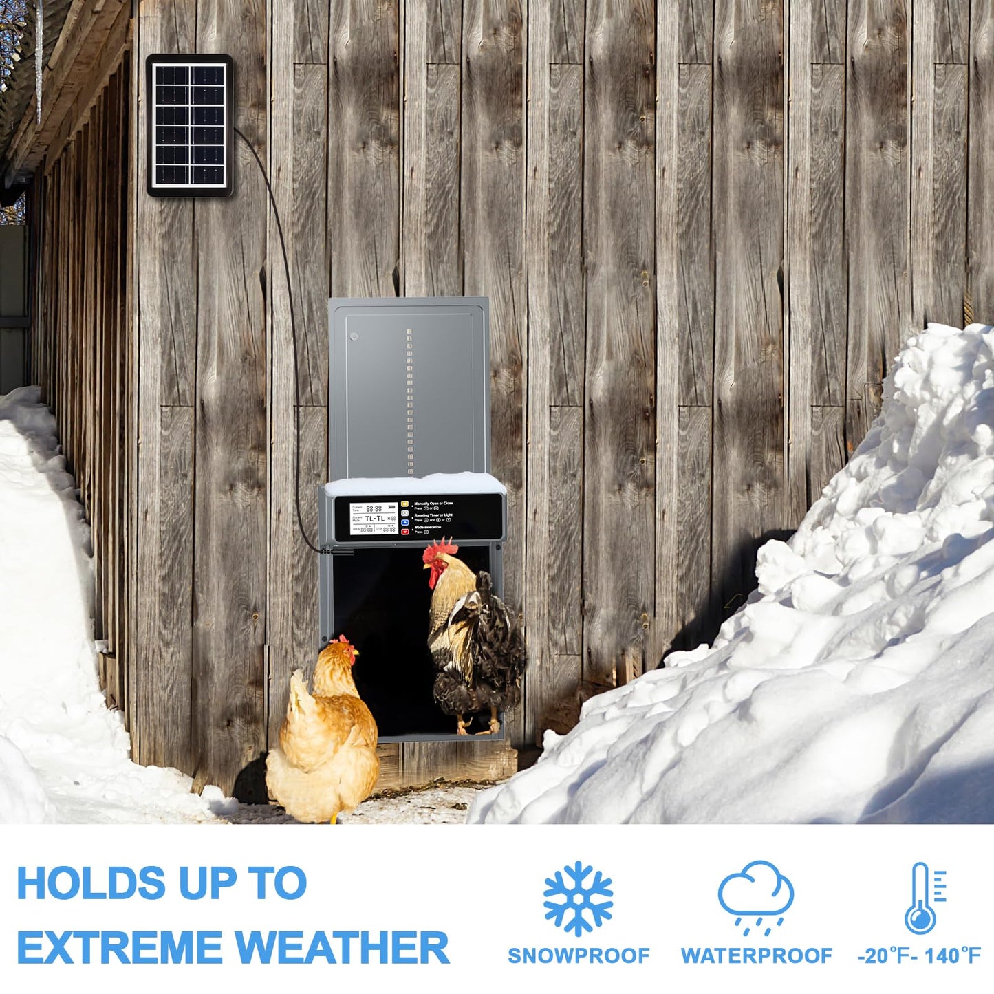 Automatic Chicken Coop Door Solar Powered, LCD Display Automatic Chicken Door with Timer & Light Sensor, Aluminum Alloy Chicken Door with Remote Control & 4 Modes