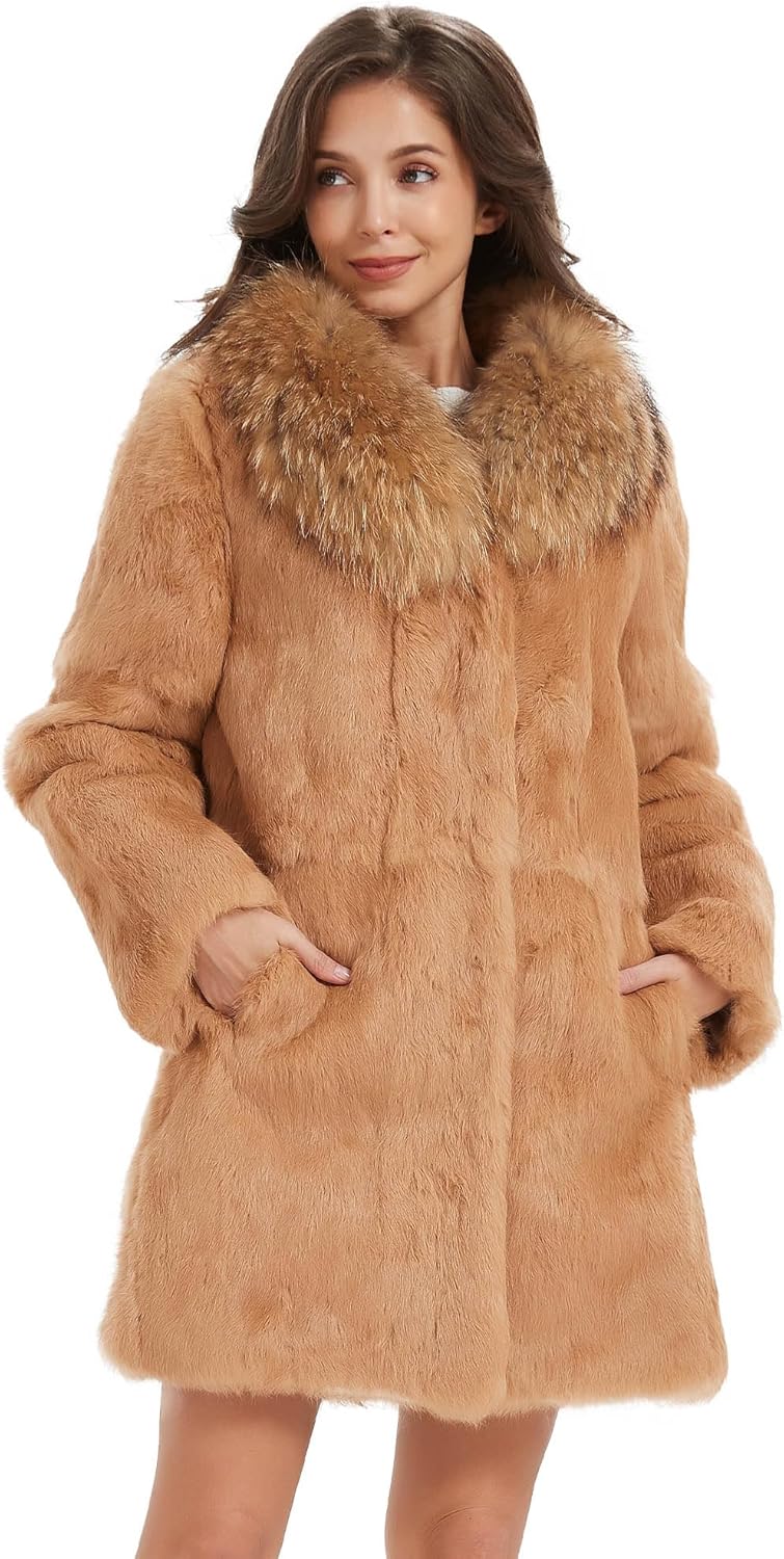 Fur Story Women's Genuine Rabbit Fur Coat Fuzzy Warm Fur Jacket Winter Outware