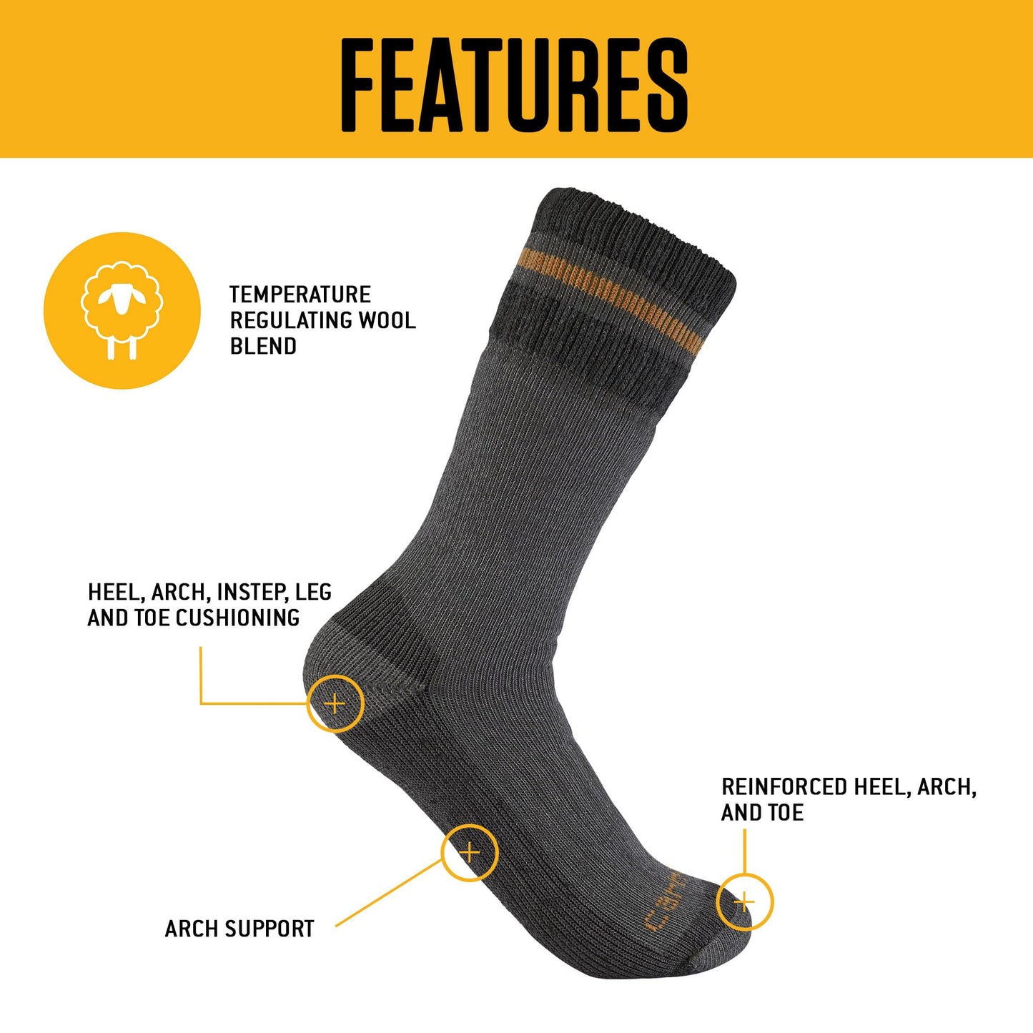 Carhartt Men's SB7742M Heavyweight Synthetic-Wool Blend Boot Sock 2-Pack