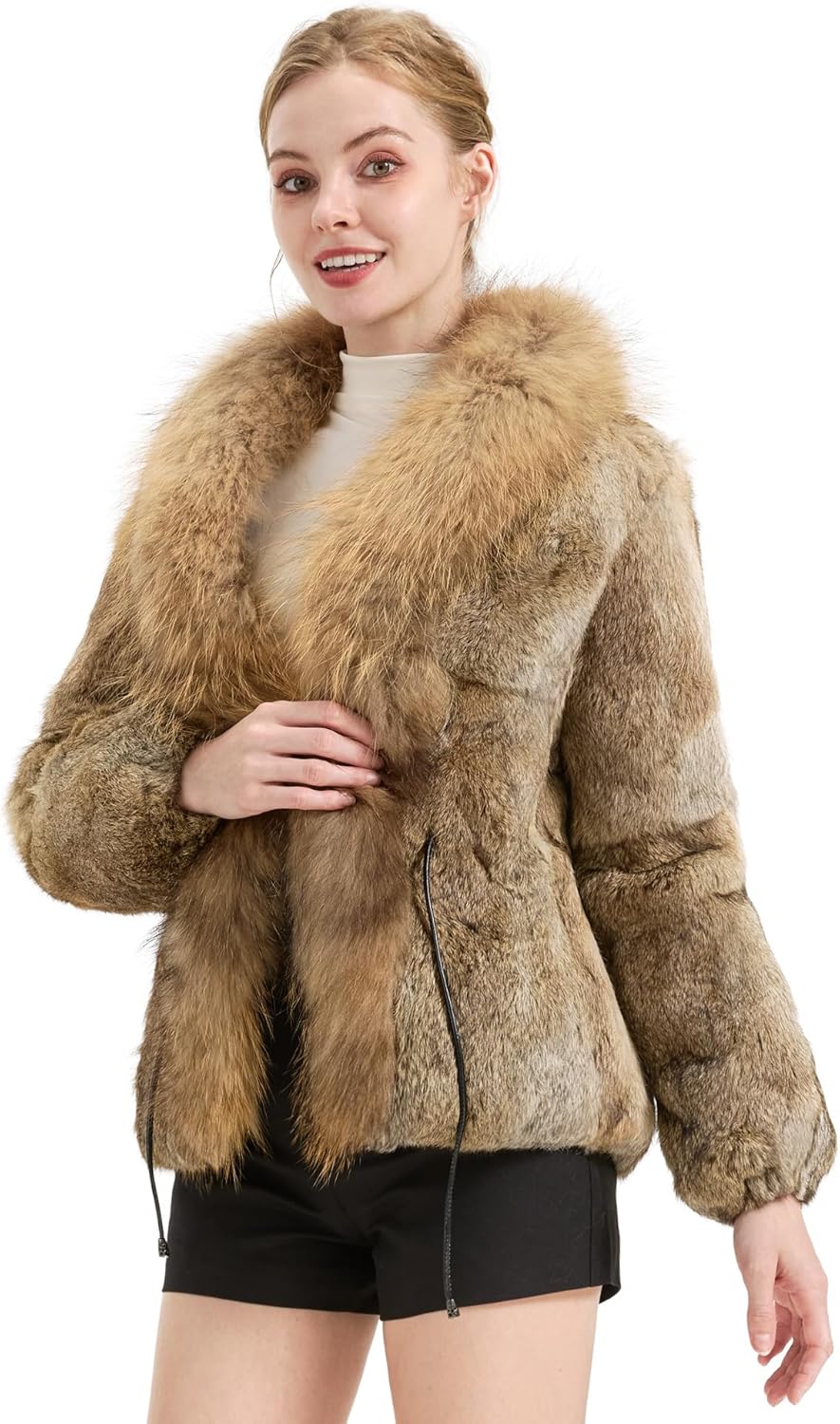 Fur Story Women's Genuine Rabbit Fur Coat Fuzzy Warm Fur Jacket Winter Outware