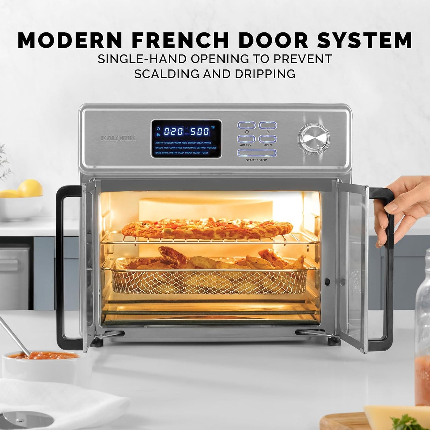 Kalorik MAXX Air Fryer Oven, 26 Quart 10-in-1 Countertop Toaster Oven & Air Fryer Combo - Fry, Bake, Roast, Rotisserie, & More, Large Glass French Doors & 9 Accessories, 1700-Watts, Stainless Steel