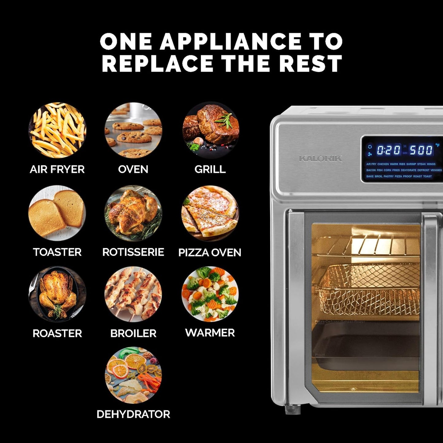 Kalorik MAXX Air Fryer Oven, 26 Quart 10-in-1 Countertop Toaster Oven & Air Fryer Combo - Fry, Bake, Roast, Rotisserie, & More, Large Glass French Doors & 9 Accessories, 1700-Watts, Stainless Steel
