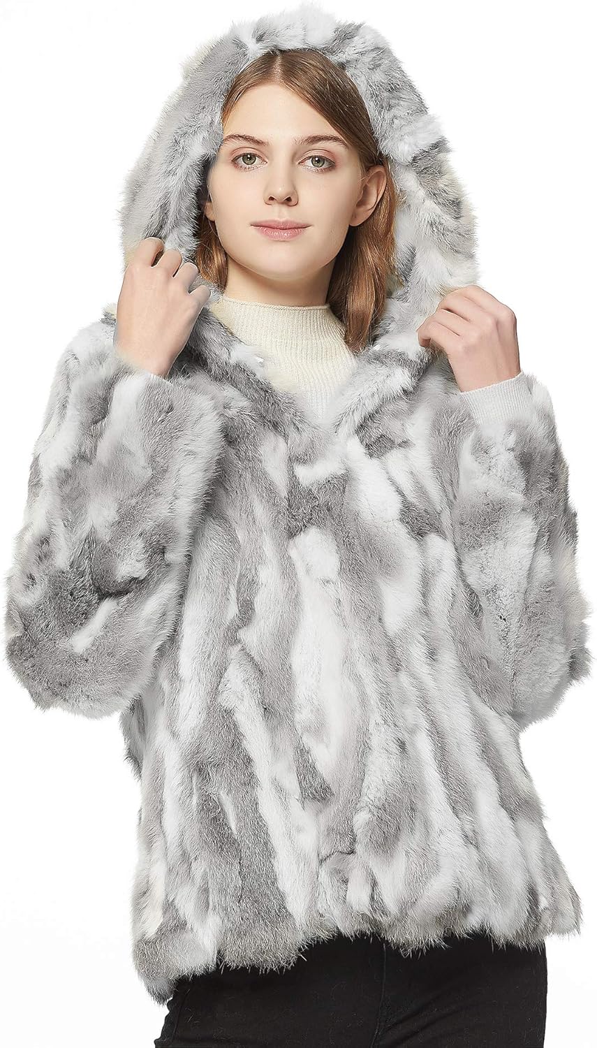 Fur Story Women's Genuine Rabbit Fur Coat Fuzzy Warm Fur Jacket Winter Outware