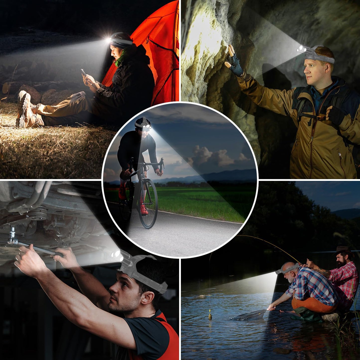 Blukar LED Headlamp, Super Bright Rechargeable Headlight Flashlight - 3 Lights 5 Modes,Zoomable,Spotlight&Floodlight Combination, IPX6 Waterproof, 20+Hrs Runtime for Running,Hiking,Camping etc.