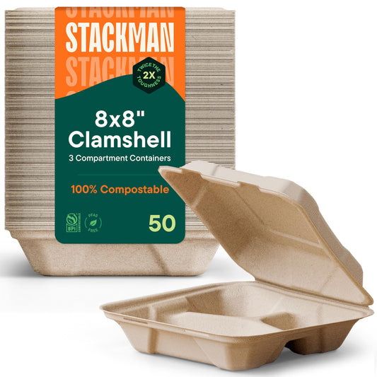 100% Compostable Clamshell Take Out Food Containers [8X8" 3-Compartment 50-Pack] Heavy-Duty Quality to go Containers, Natural Disposable Bagasse, Eco-Friendly Biodegradable Made of Sugar Cane Fibers
