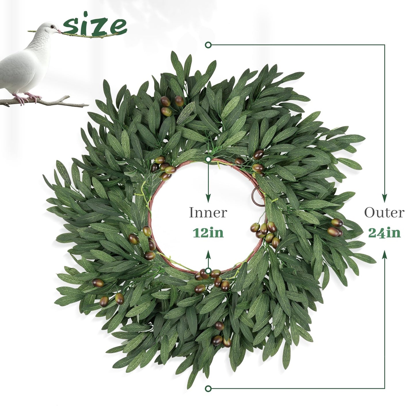 24 inch Olive Wreaths for Front Door, Artificial Large Spring Summer All Seasons Year Round Green Olive Branch Wreath for Home Outdoor Indoor Farmhouse Porch Window